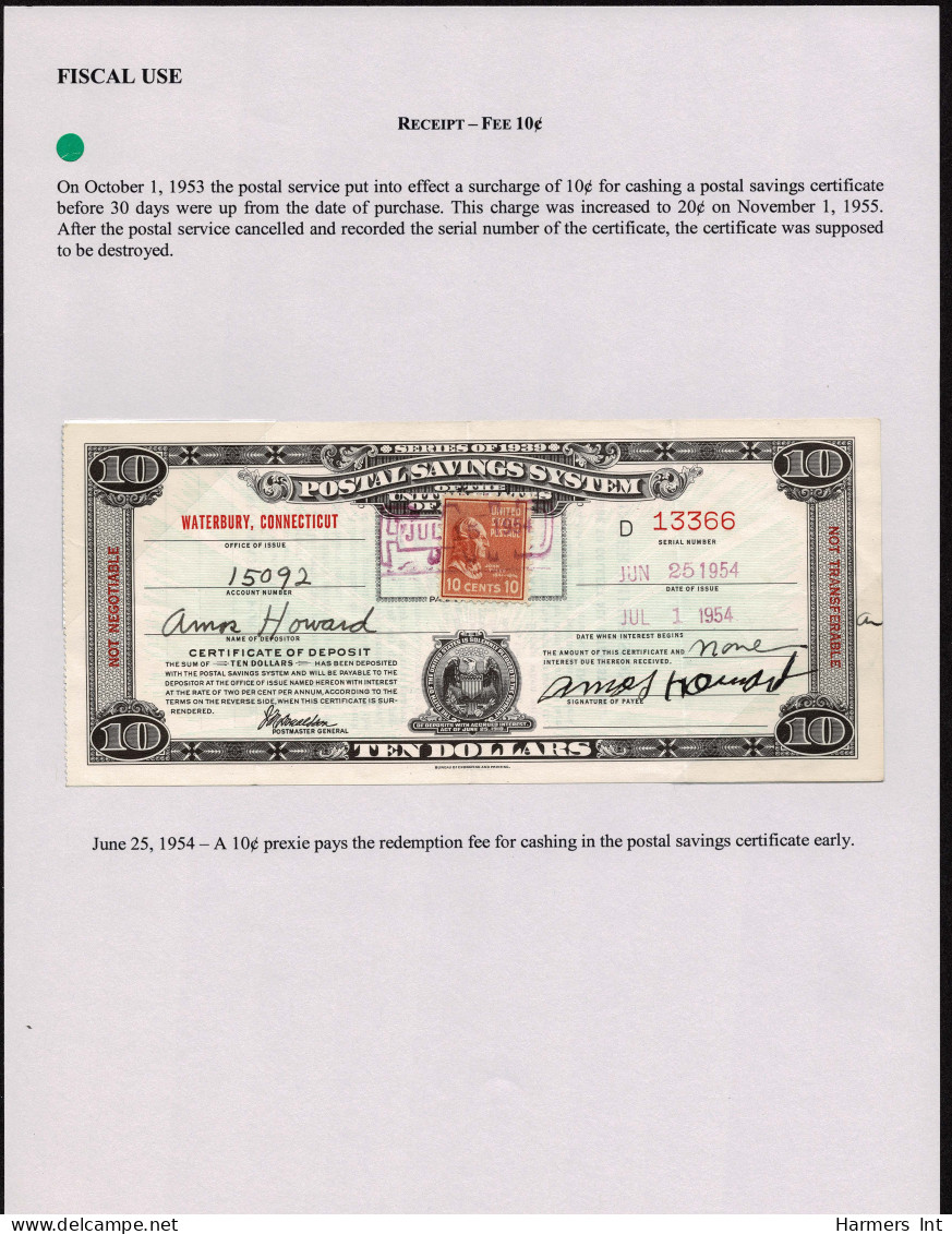 Lot # 122 Fiscal Usage: 1954 Postal Savings Certificate Bearing 1938, 10¢ Tyler Brown Red - Covers & Documents