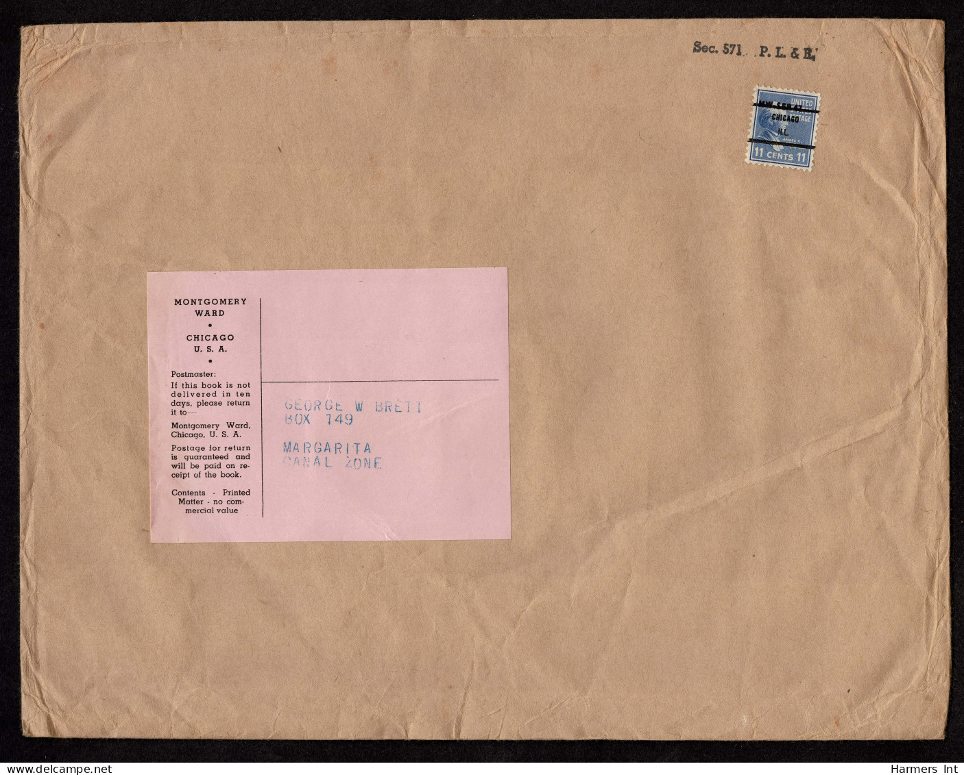 Lot # 126 Large Mailing Label To The Canal Zone: 1938, 11¢ Polk Ultramarine - Briefe U. Dokumente