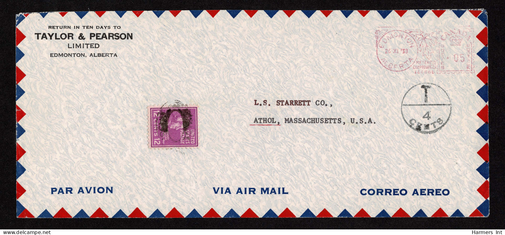 Lot # 129 Postage Dues: 1958 Canada To US: Bearing 1938, 12¢ Zachary Taylor Bright Mauve On Legal Size Air Mail Envelope - Cartas & Documentos