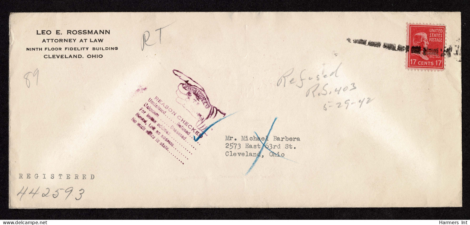 Lot # 137 Refused: 1942 Legal Envelope Bearing 1938, 17¢ Andrew Johnson Rose - Storia Postale