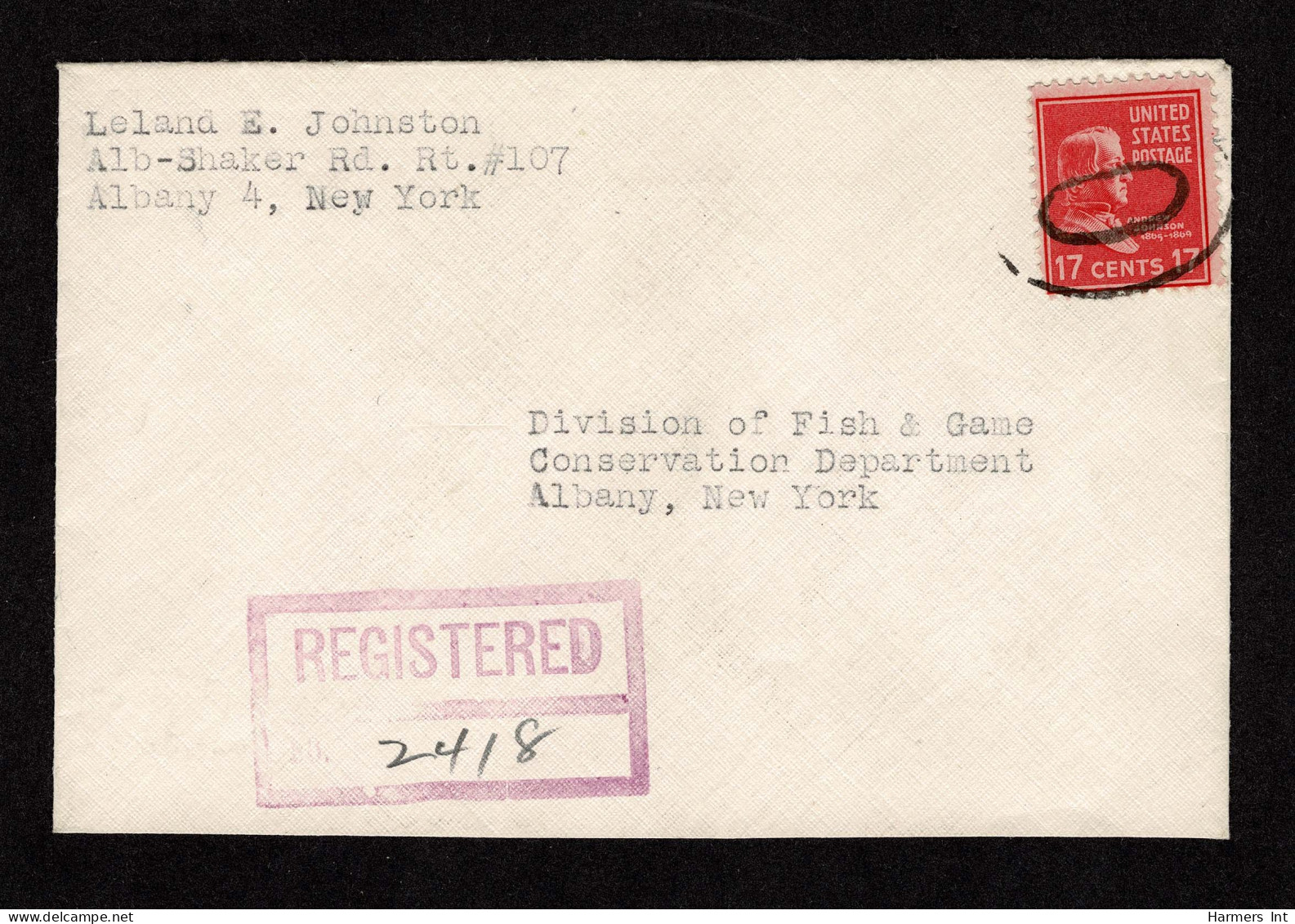 Lot # 138 Registered On 1943 Envelope: 1938, 17¢ Andrew Johnson Rose Red - Lettres & Documents