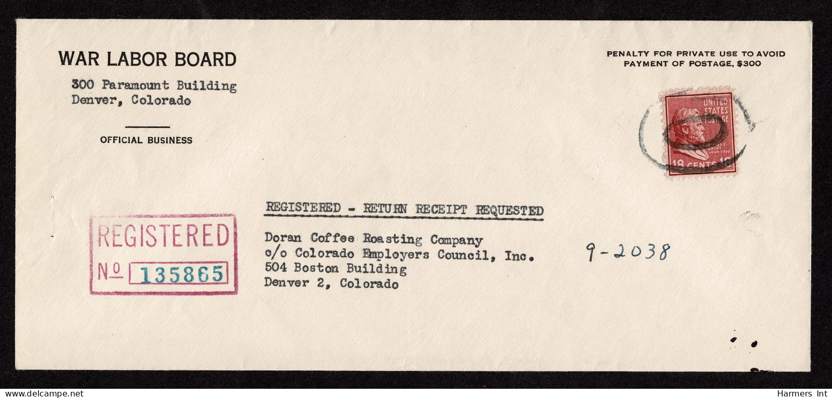 Lot # 139 Registry Service: 1943 Registered Letter Bearing 1938, 18¢ Grant Brown Carmine - Storia Postale