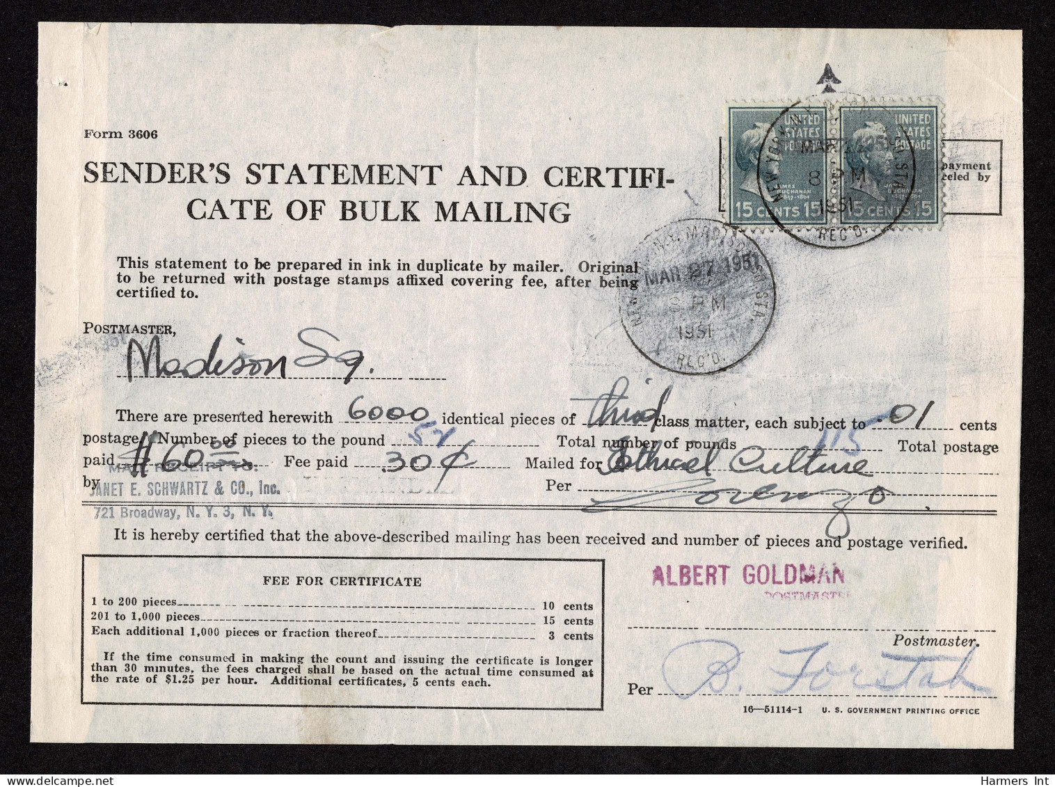 Lot # 157 Certificate Of Bulk Mail: 1951 Certificate Bearing 1938, 15¢ Buchanan Blue Grey PAIR - Lettres & Documents