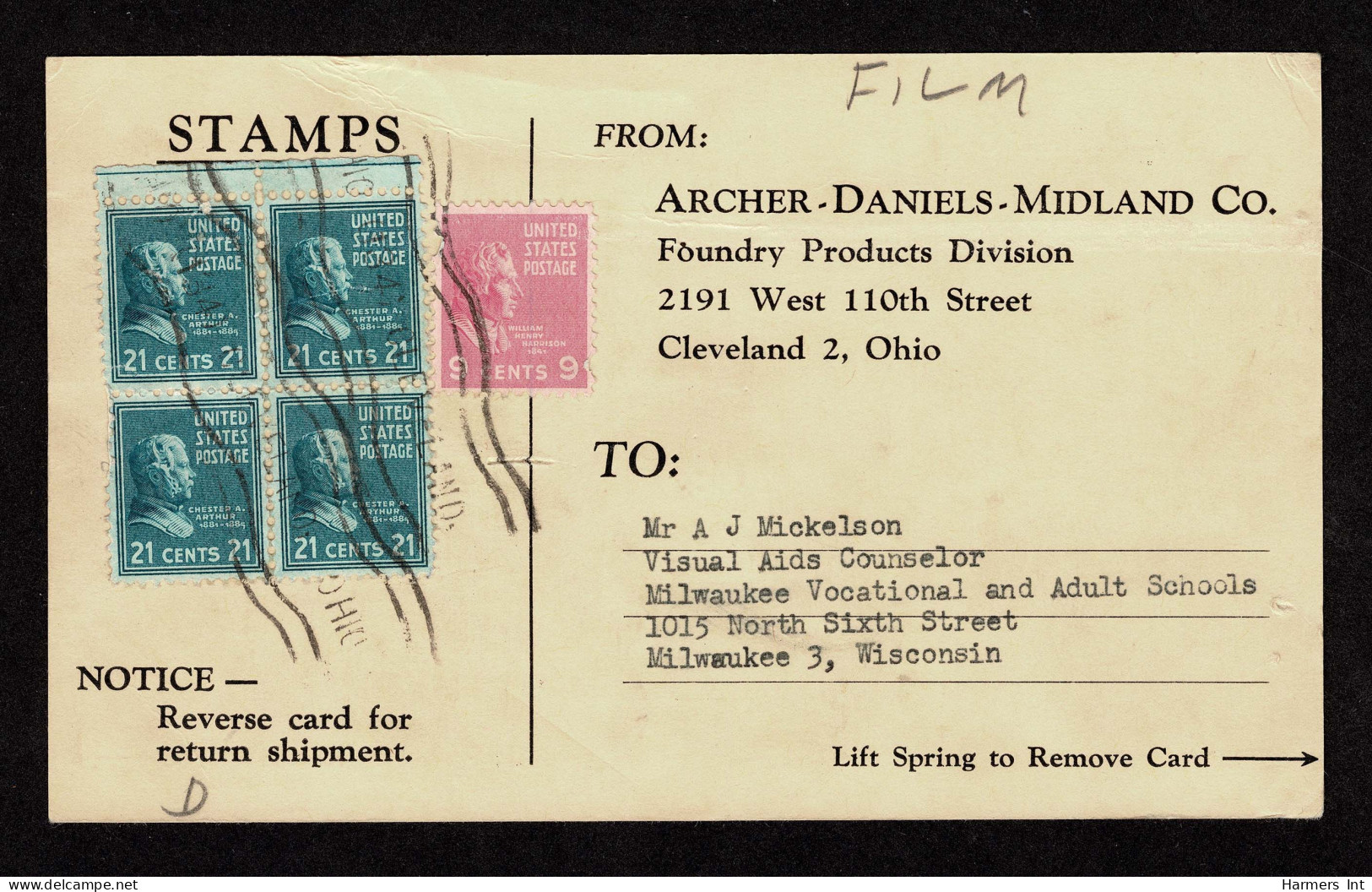 Lot # 160 Fourth Class Mail: 21c Dull Blue BLOCK OF FOUR And 9c Rose Pink - Storia Postale