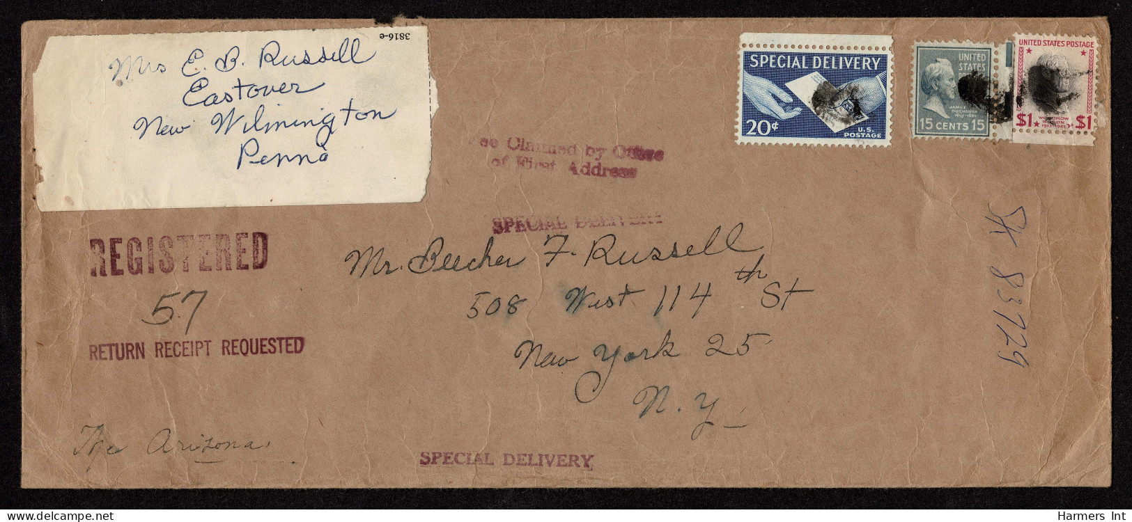 Lot # 167 Domestic First Class Special Delivery: $1 Woodrow Wilson Violet And Black, 15¢ Buchanan 1954 Blue Gray And 20¢ - Lettres & Documents