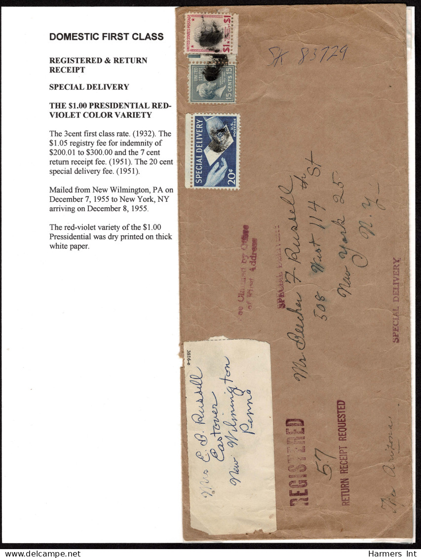 Lot # 167 Domestic First Class Special Delivery: $1 Woodrow Wilson Violet And Black, 15¢ Buchanan 1954 Blue Gray And 20¢ - Briefe U. Dokumente