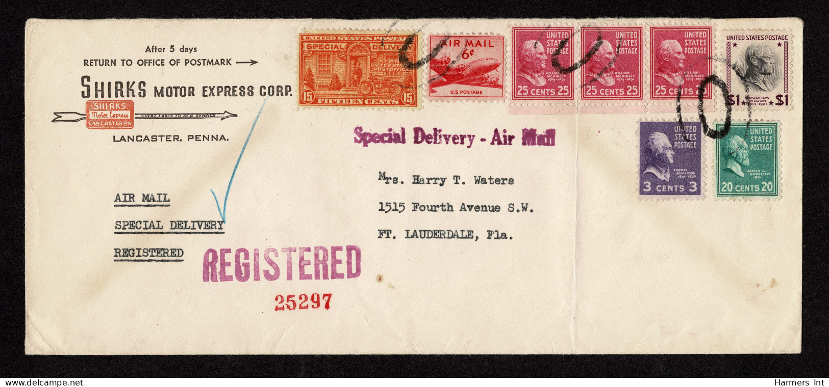 Lot # 168 Registry And Special Delivery: 1938, $1 Wilson Purple Black, 25¢ McKinley Deep Red Lilac STRIP OF THREE, 20¢ G - Covers & Documents