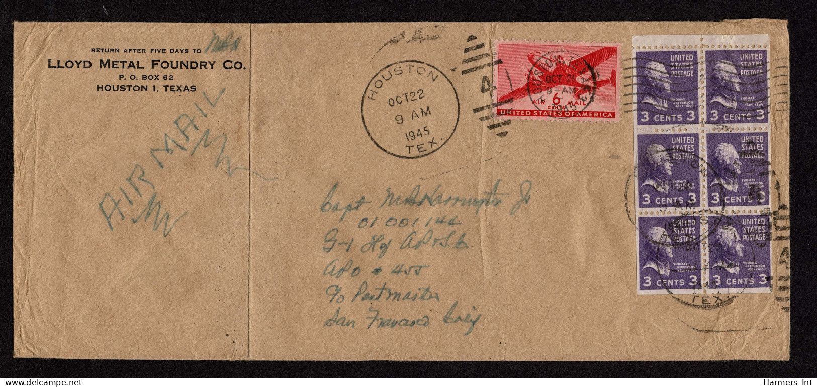 Lot # 169 Military Rate To Hawaii: 1945 Cover Bearing 1938, 3¢ Jefferson Light Violet, Booklet Pane Of 6 1941, Plus 6¢ T - Storia Postale