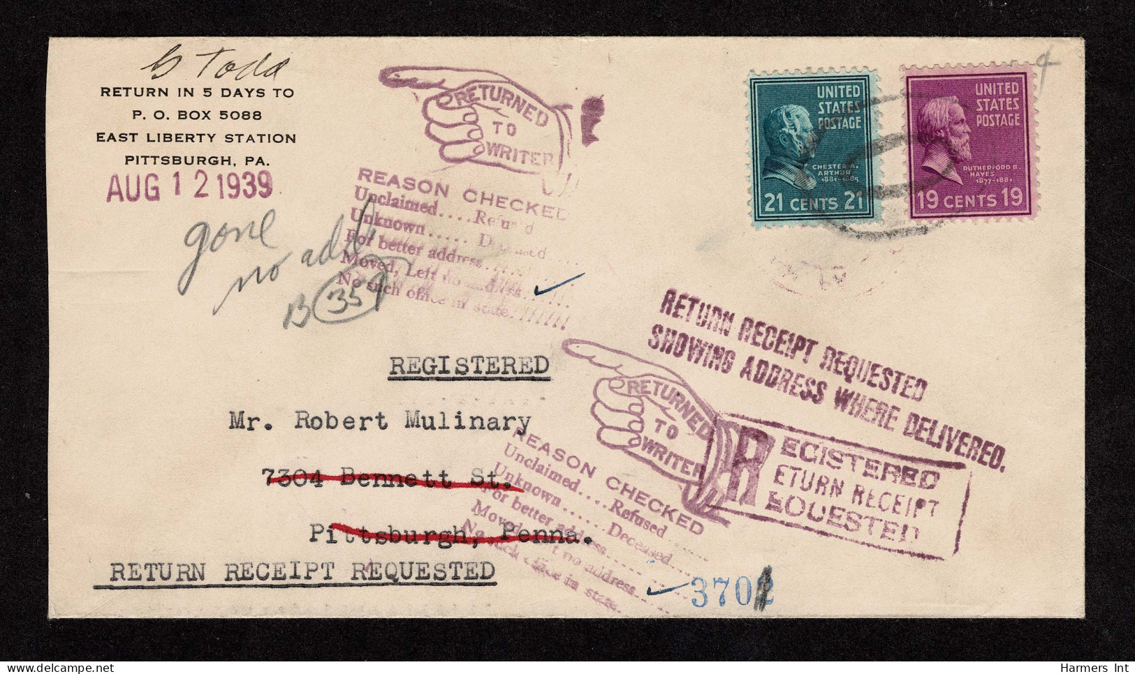 Lot # 179 Restricted Delivery Service:1938, 19¢ Hayes Bright Mauve And 21¢ Chester A. Arthur Dull Blue - Lettres & Documents