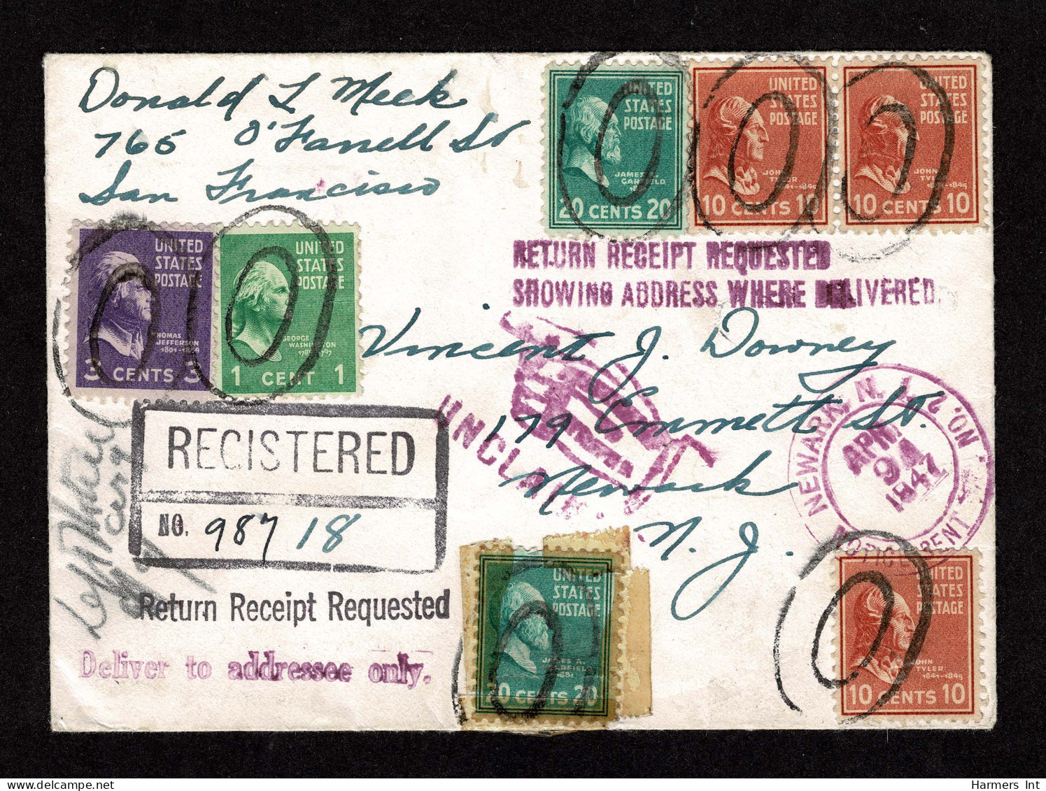 Lot # 182 Restricted Delivery Service: 1938, 20¢ Garfield Bright Green (two Copies), 10¢ Tyler Brown Red Pair And Single - Cartas & Documentos