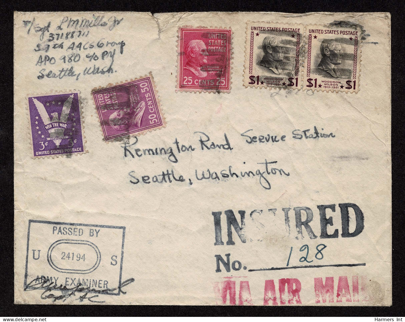 Lot # 184 Insured Air Mail Rate: 1938, $1 Wilson Purple And Black (Two Copies) 1938, 50¢ Taft 1938, 25¢ McKinley 1942, 3 - Covers & Documents