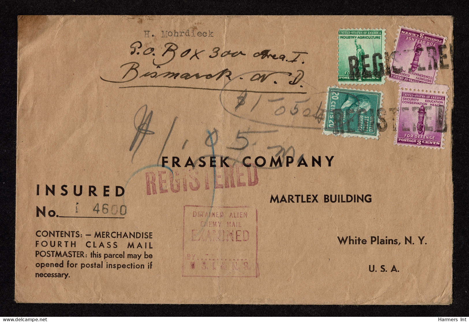 Lot # 191 Military Mail, WWII: 1942 Envelope Bearing 1938 20c Garfield Bright Blue Green, 1c National Defense Commemorat - Cartas & Documentos