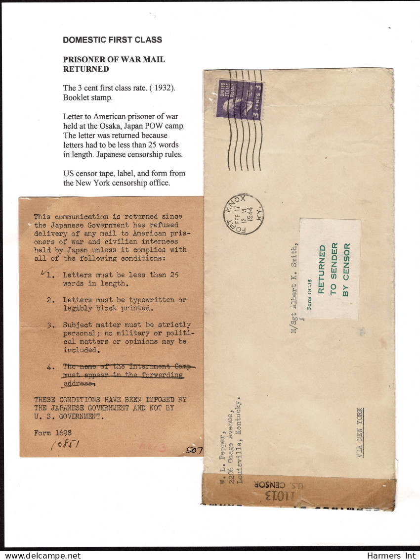 Lot # 192 Military, Prisoner Of War: 1938 3c Jefferson Light Violet Tied By FORT KNOX KY. FEB 17 1944 Duplex On Legal Si - Lettres & Documents