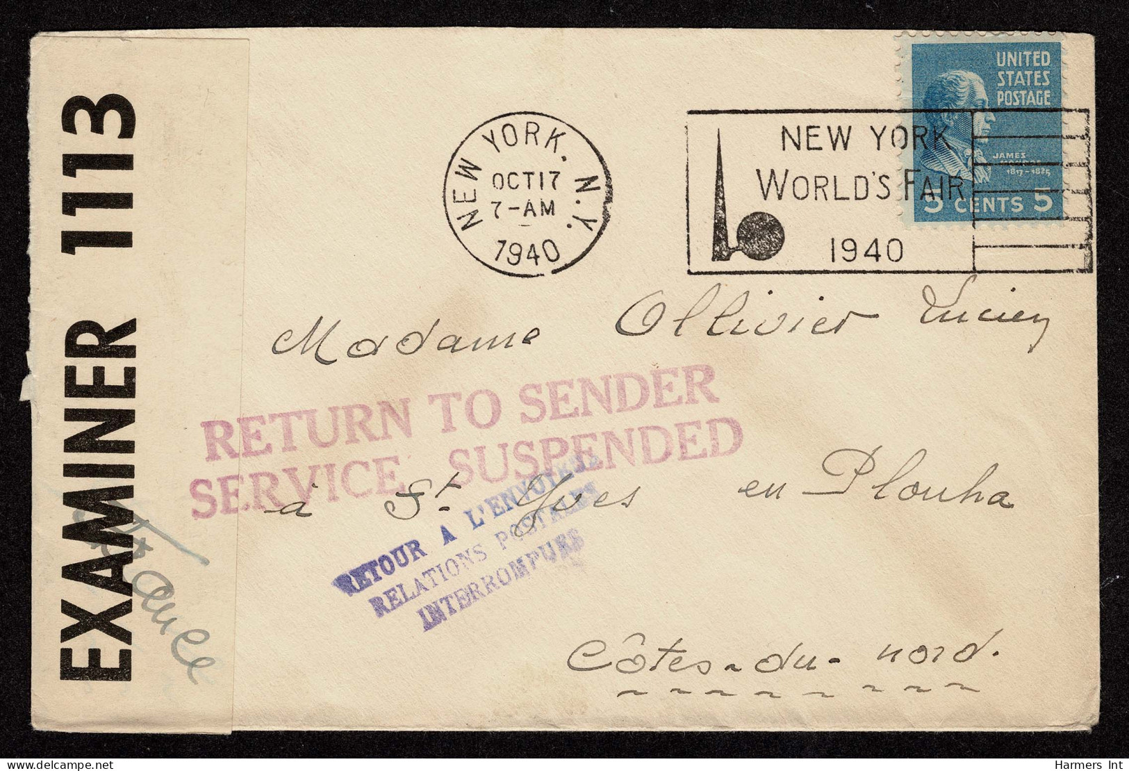 Lot # 196 Used To France: 1938, 5¢ Monroe - Cartas & Documentos