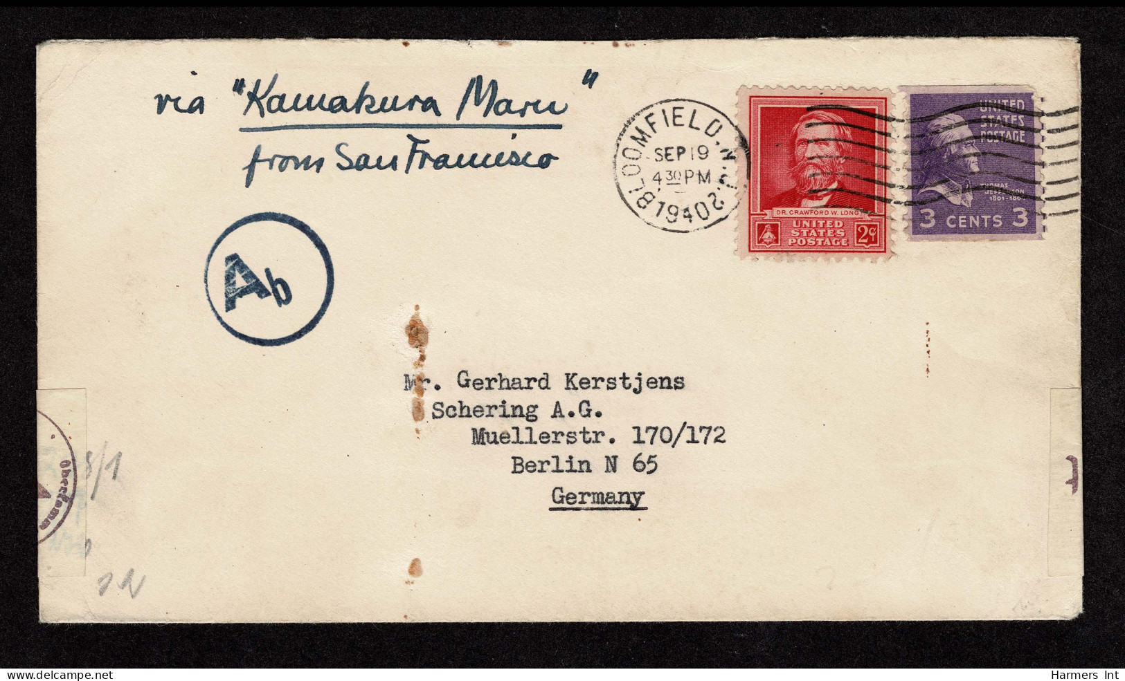 Lot # 198 Used To Germany Via Siberia: 1940's Envelope Bearing 1938 3c Jefferson Light Violet With 1940 2c Rose Carmine  - Lettres & Documents