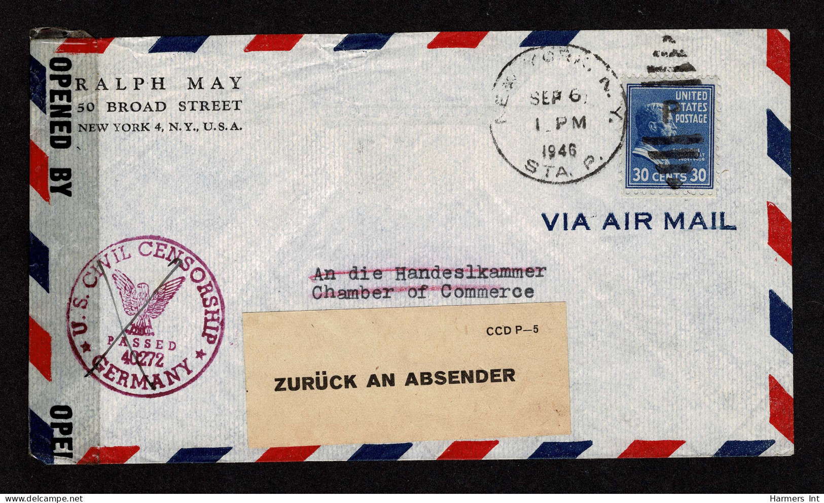 Lot # 199 Used To U. S. Zone In Germany:1946 Envelope Bearing 1938, 30c Theodore Roosevelt Deep Ultra Marine - Briefe U. Dokumente