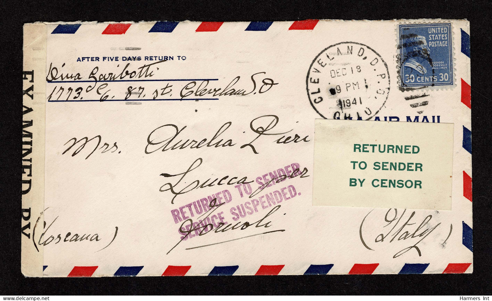 Lot # 200 Used To Italy:1942 Envelope Bearing, 1938, 30¢ Deep Ultramarine Theodore Roosevelt - Storia Postale