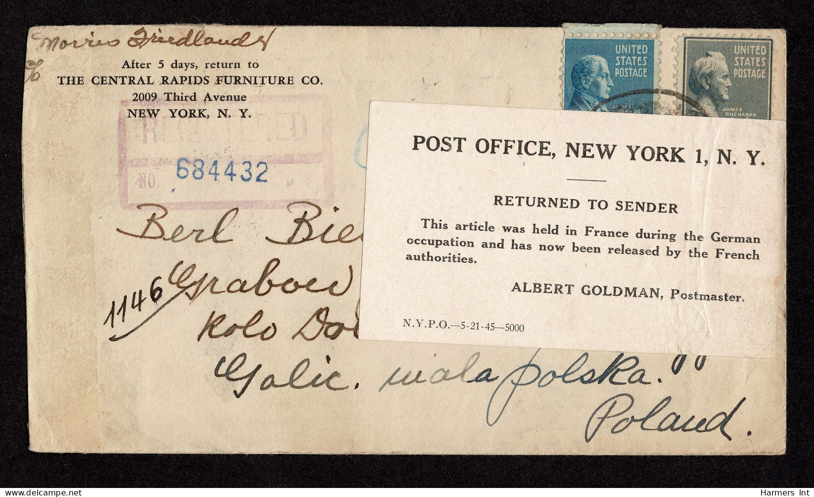 Lot # 201 Used To Poland, Hidden In Paris Post Office: 1939 Letter Bearing 1938 15c Buchanan Blue Gray And 1938 5c Monro - Covers & Documents