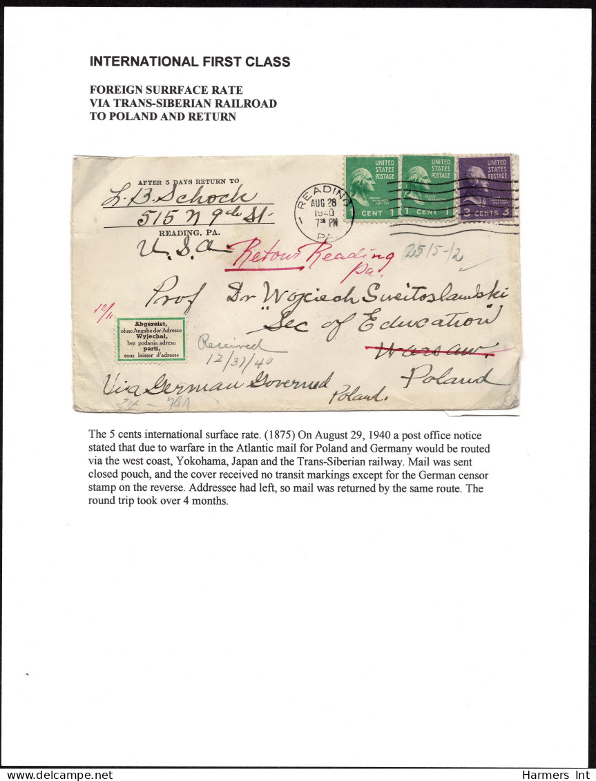Lot # 202 Used To Poland Via Tran-Siberian Railroad:1940 Letter Bearing 1938 1c Washington Green (2 Copies) And 1938 3c  - Storia Postale