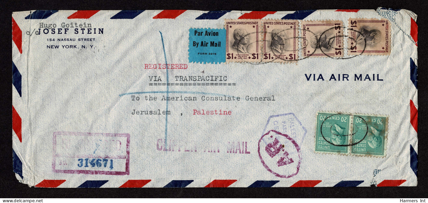 Lot # 206 Used To Palestine: 1941 Cover Bearing 1938 $1 Wilson Purple And Black Four Copies And 20c Garfield Bright Blue - Lettres & Documents