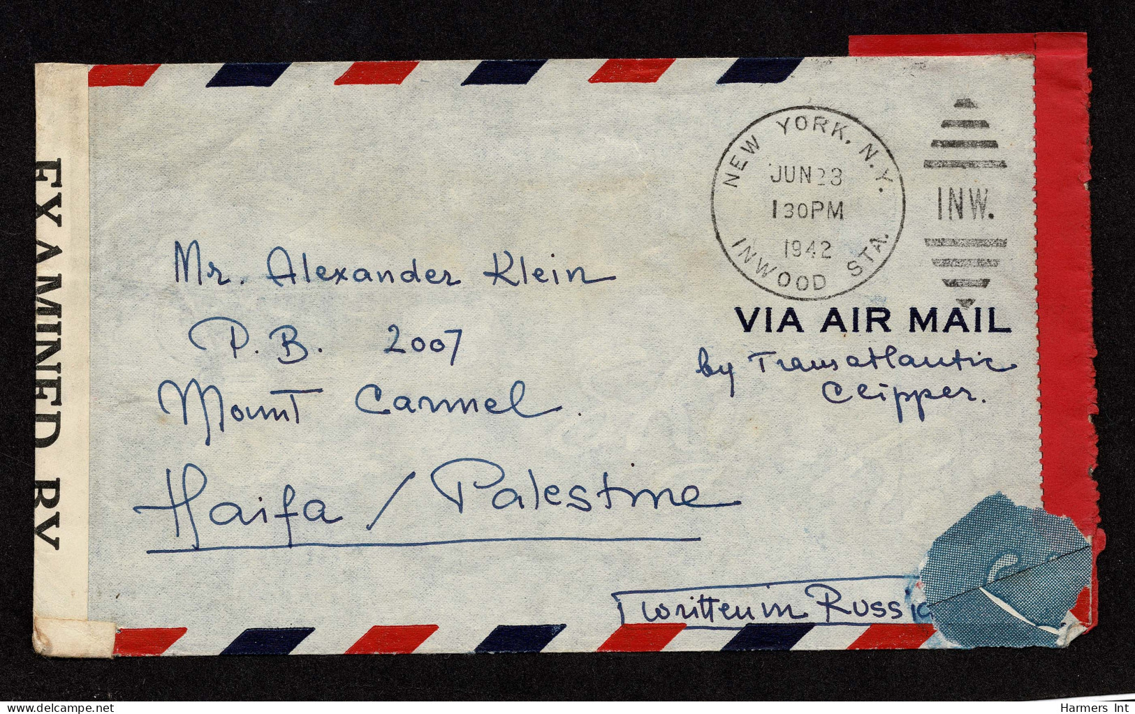 Lot # 207 Used To Mt. Carmel, Haifi, Palestine:1942 Cover Bearing 1938 5c Monroe Bright Blue (Three Copies), 15c Transpo - Lettres & Documents