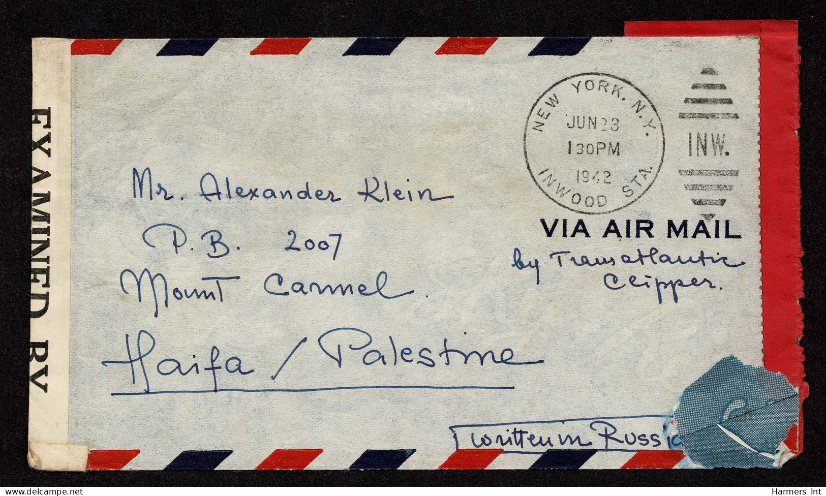 Lot # 207 Used To Mt. Carmel, Haifi, Palestine:1942 Cover Bearing 1938 5c Monroe Bright Blue (Three Copies), 15c Transpo - Lettres & Documents