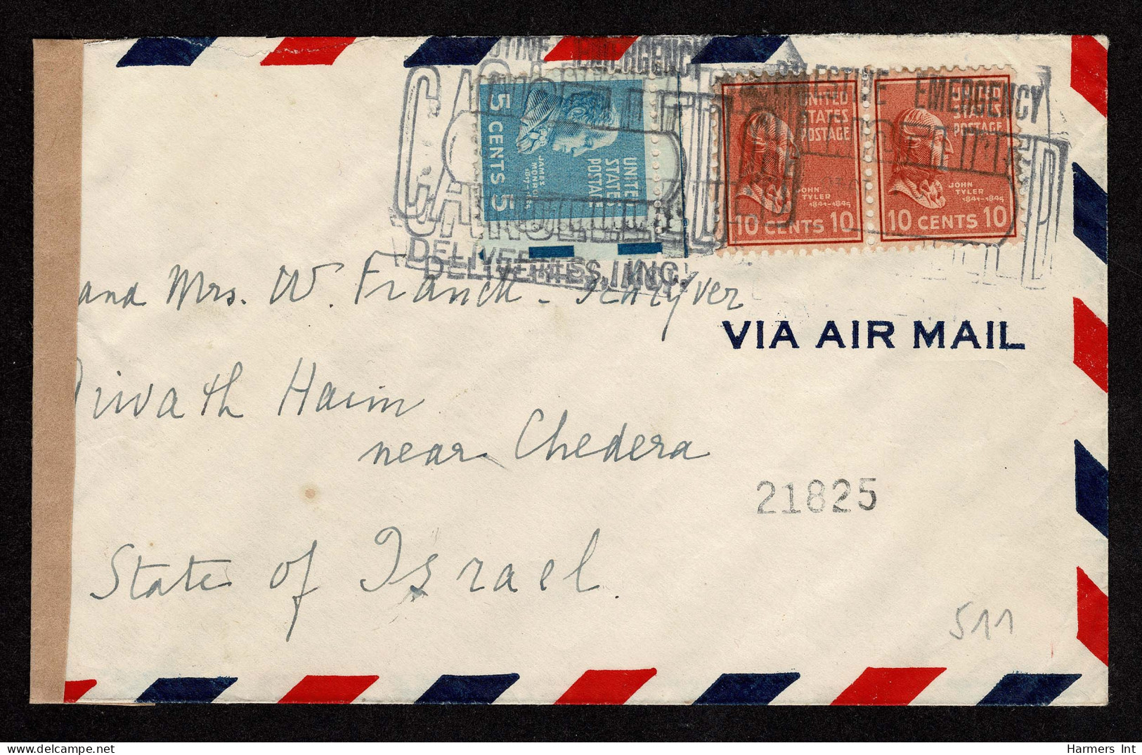 Lot # 208 Used To State Of Israel: 1948 Cover Bearing 1938 10c Tyler Brown Red PAIR And 1938 5c Monroe Bright Blue - Covers & Documents