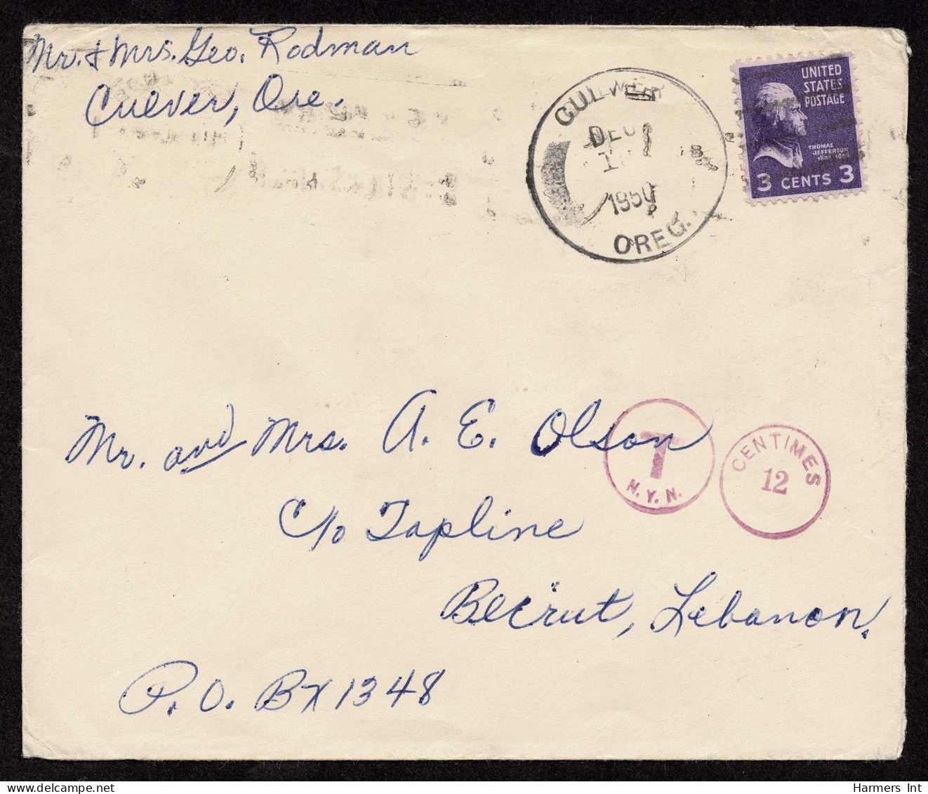 Lot # 212 Used To Lebanon:1950 Envelope Bearing 1938 3c Jefferson Light Violet - Lettres & Documents