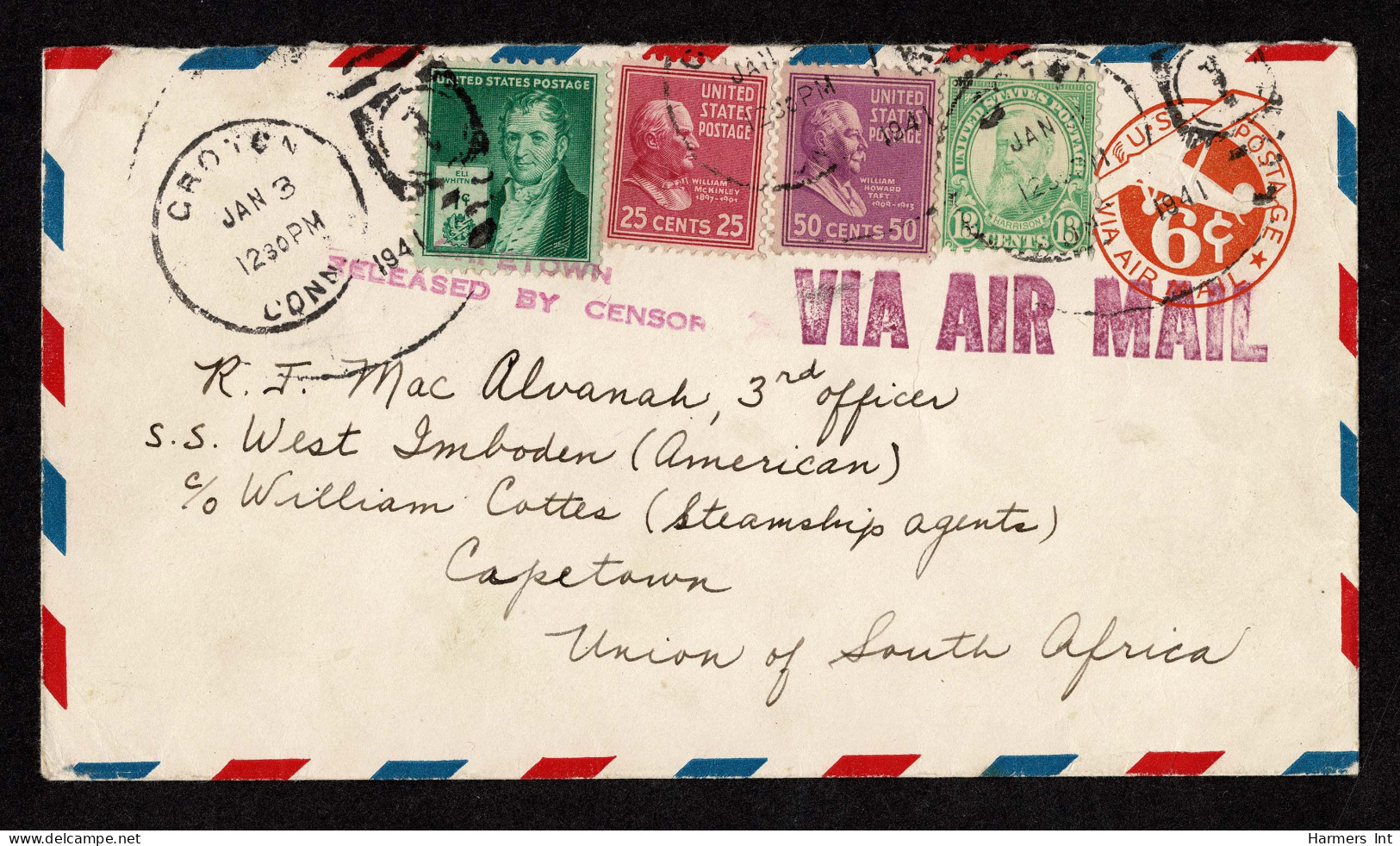 Lot # 215 Used To South Africa: 1941 Cover Bearing 1938 50c Taft Mauve, 25c McKinley Deep Red Lilac, 1940 1c Bright Blue - Lettres & Documents