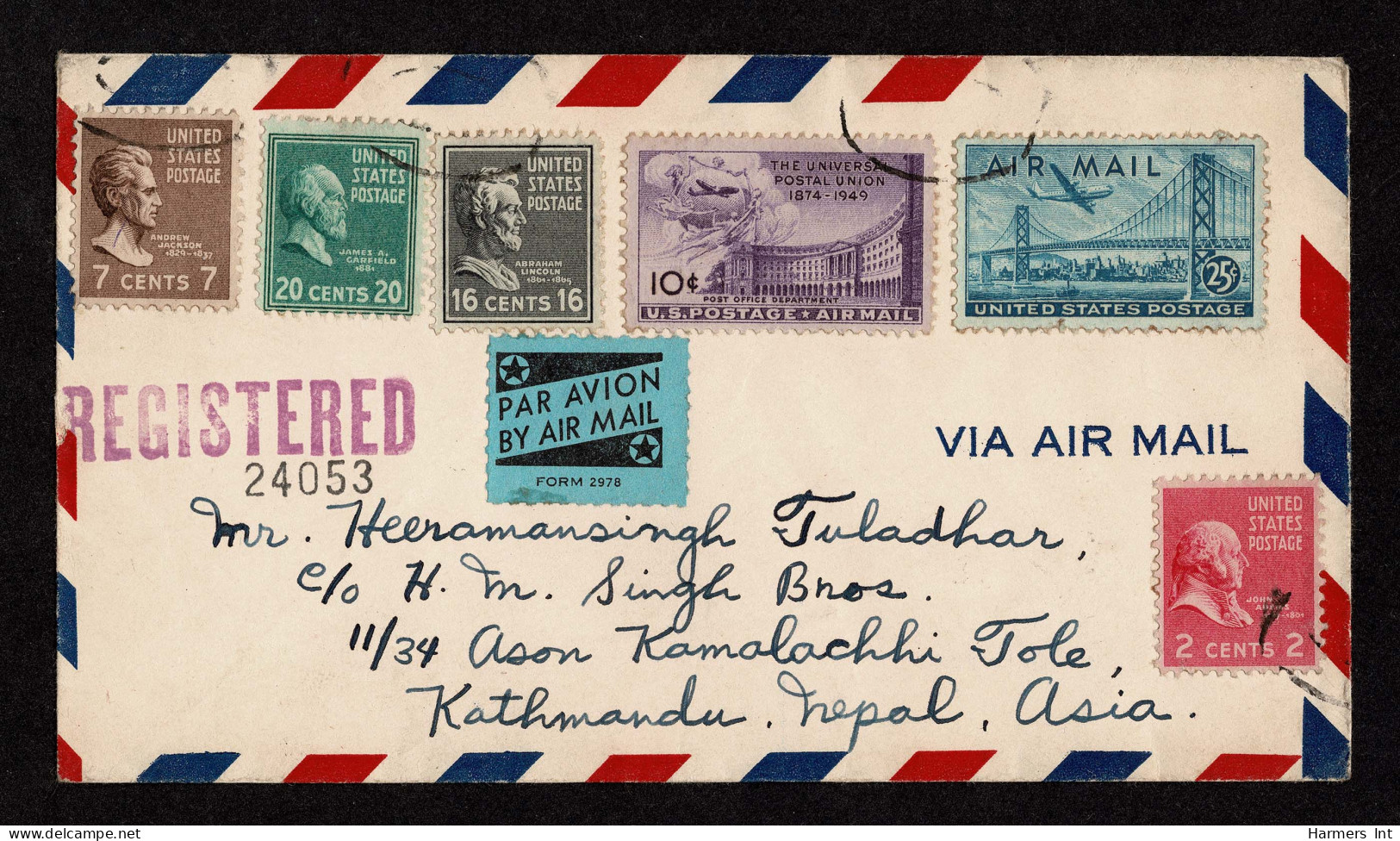 Lot # 218 Used To Nepal: 1954 Envelope Bearing 1938 16c Lincoln Black, 7c Jackson Sepia, 20c Garfield Bright Blue Green, - Briefe U. Dokumente