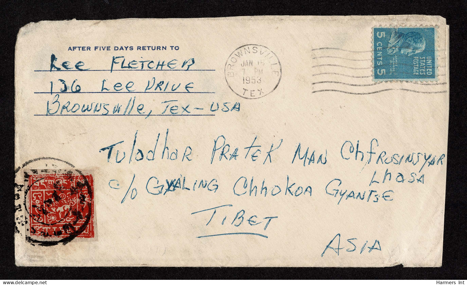 Lot # 219 Used To Tibet:1953 Envelope Bearing 1938 5c Monroe Bright Blue - Covers & Documents