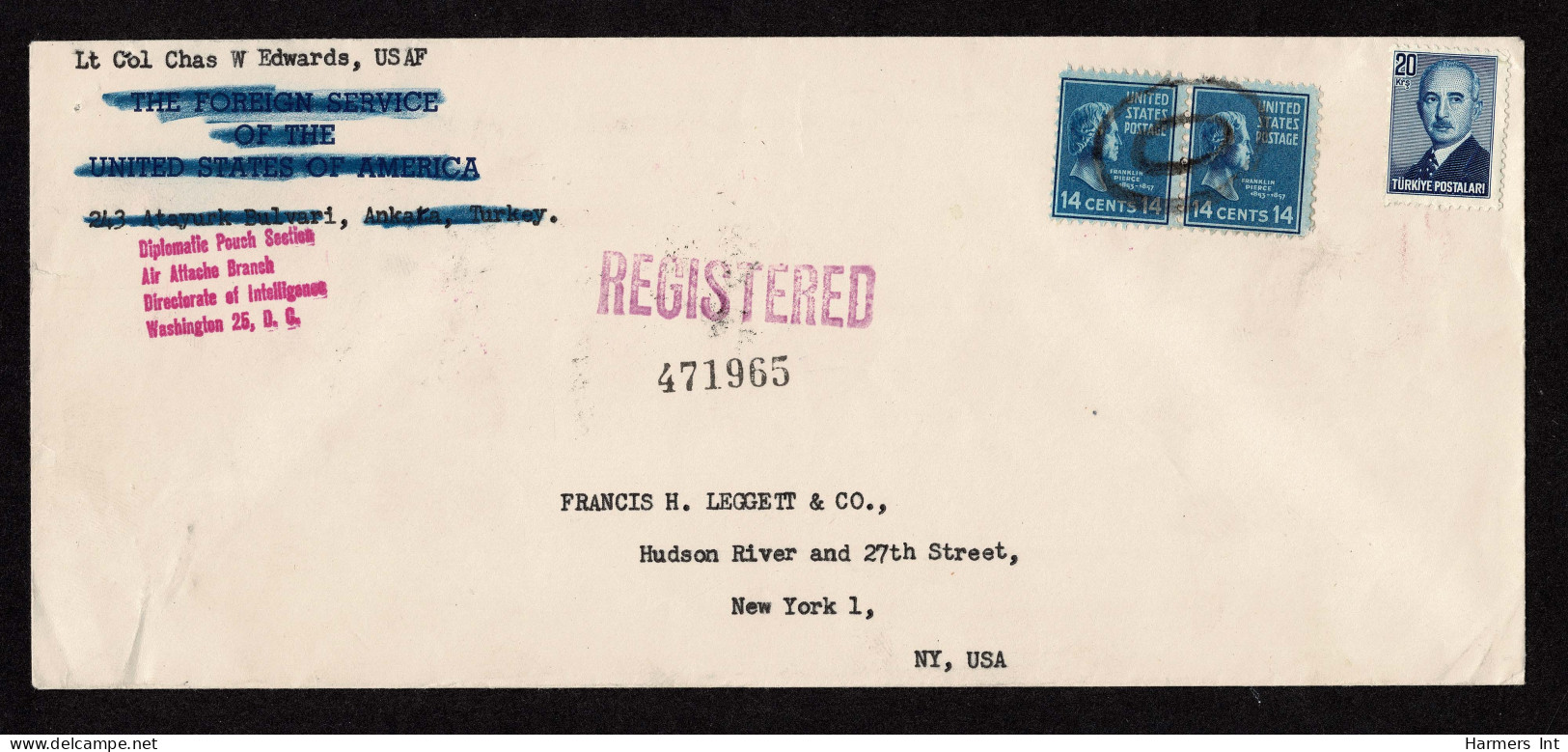 Lot # 224 Used From Turkey: 1938 Pierce 14c Blue Pair Tied By Mute Oval On Legal Size 1950 Envelope - Lettres & Documents