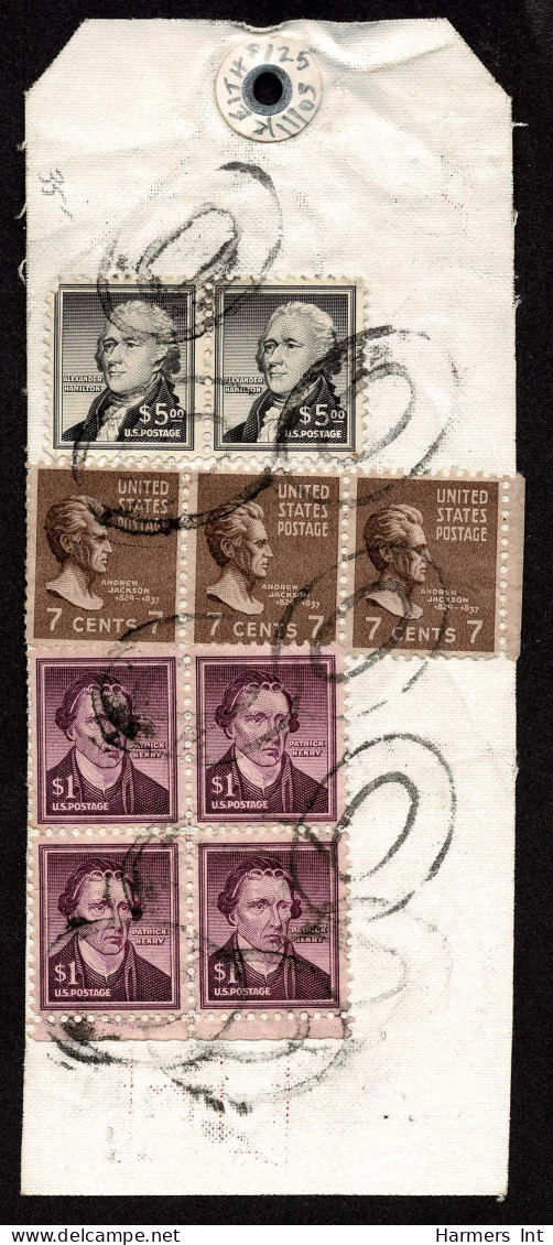 Lot # 229 Mail Tag:1938 7c Jackson Sepia Strip Of Three, 1956 $5 Hamilton Black Pair, $1 Partick Henry Purple Block Of F - Covers & Documents