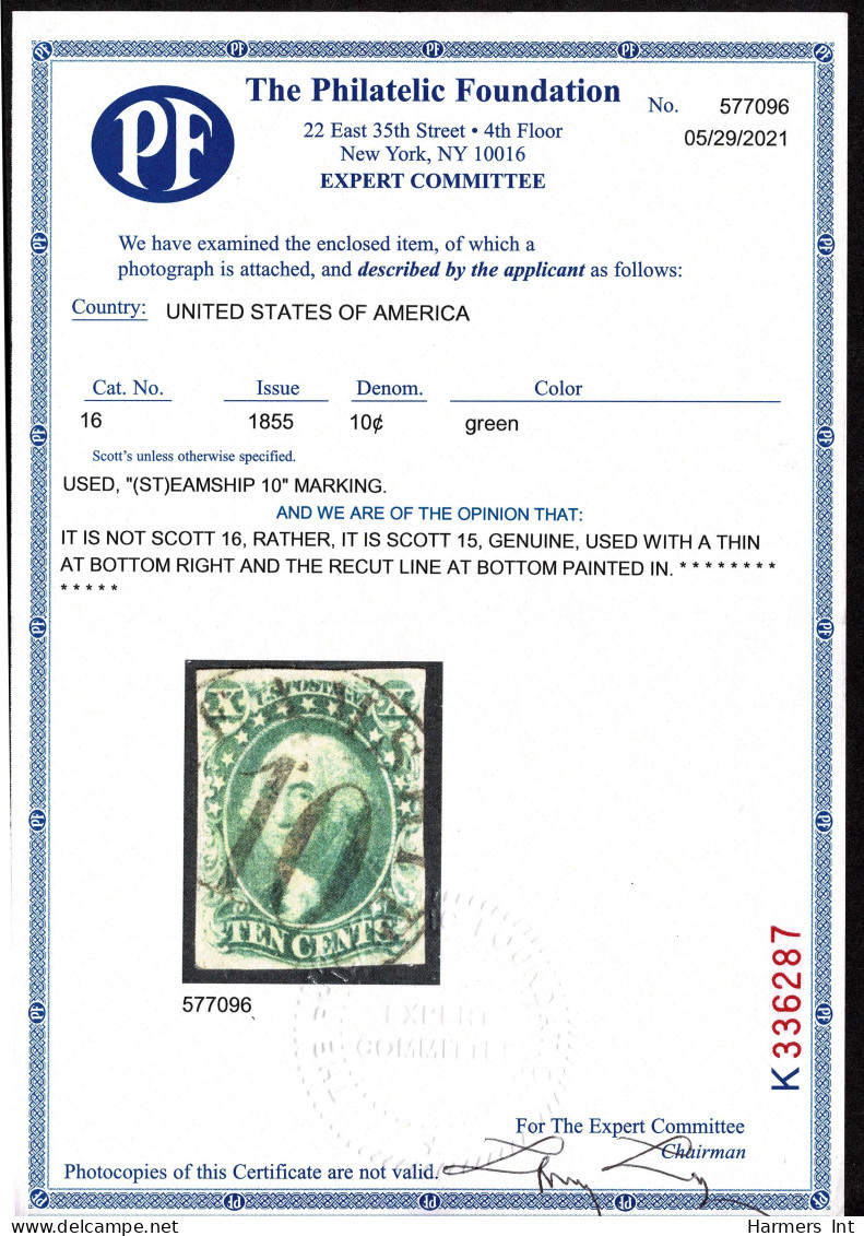 Lot # 281 1855, 10¢ Green, Type IV With Steamship 10 Marking - Otros & Sin Clasificación