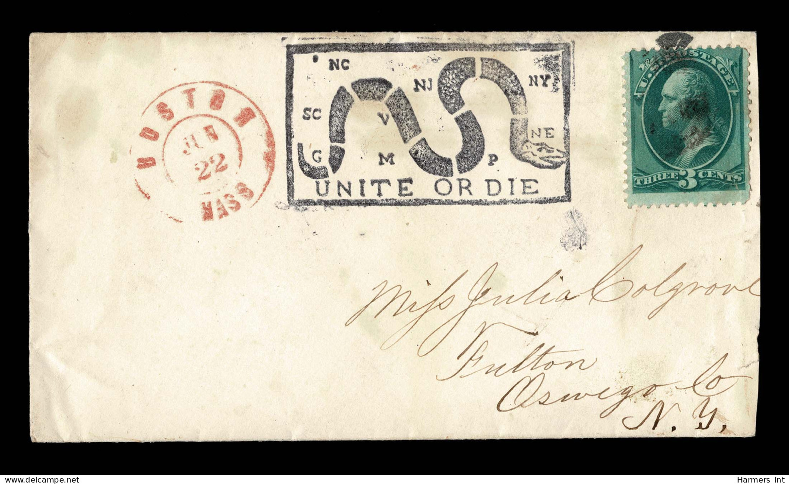 Lot # 290 Patriotic: "United Or Die" Snake With 1870, 3¢ Green, H. Grill, N.B.N.C. Printing - Sonstige & Ohne Zuordnung