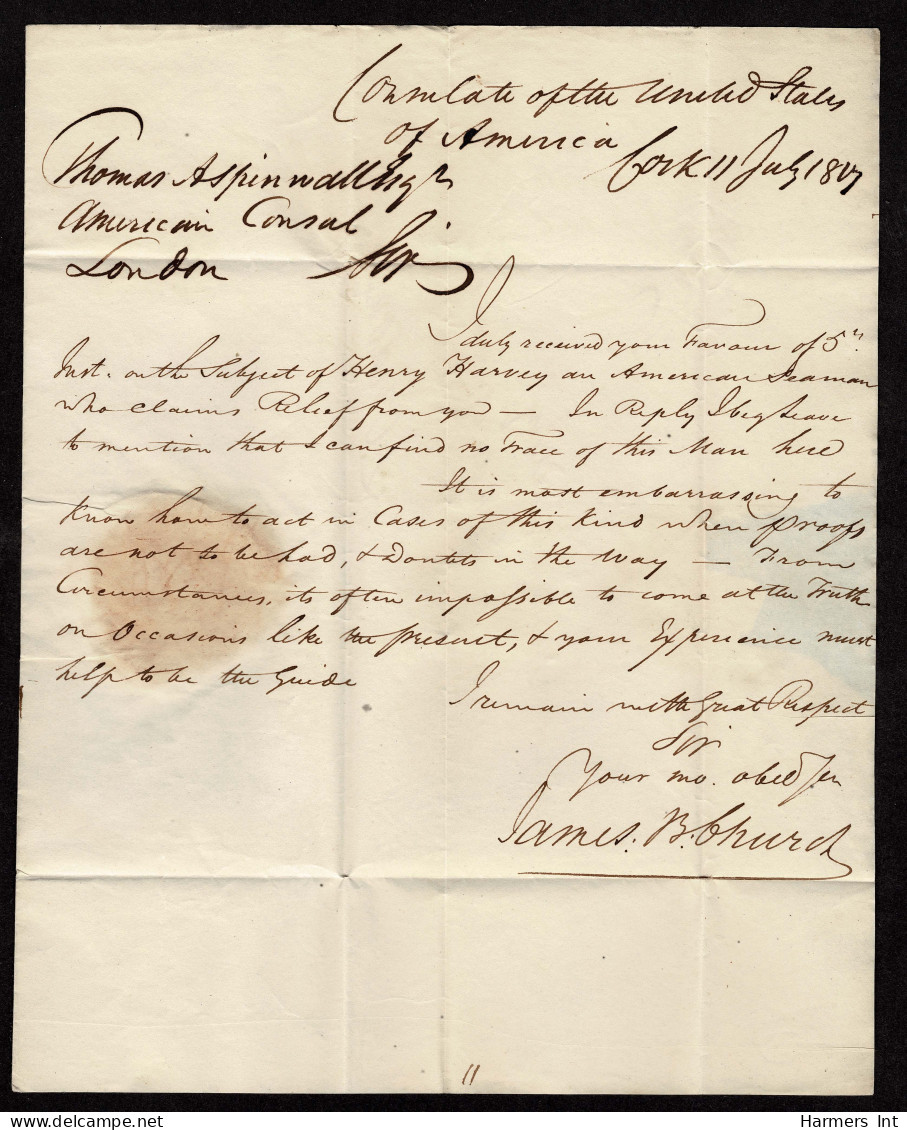 Lot # 579 1817 Folded Letter From U.S. Consulate In Ireland To "Theo Aspinwall Esq. The U.S. Consul In London - Historical Figures