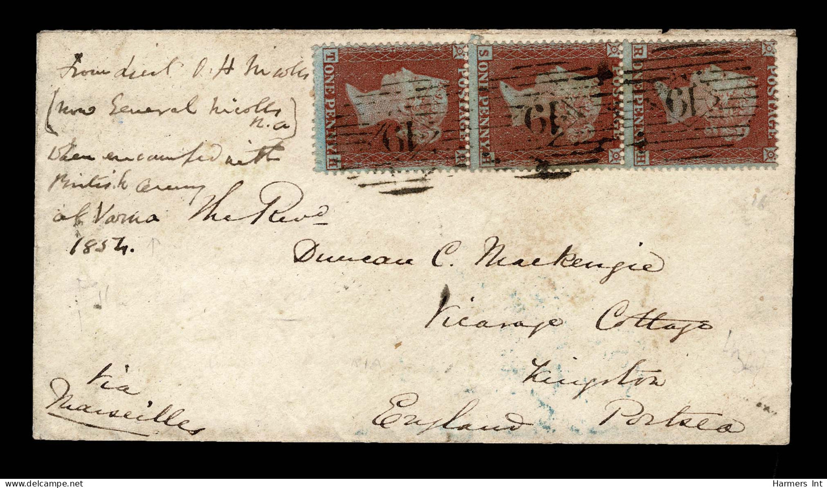 Lot # 755 Crimean War: Varna Bulgaria To England: 1d Red Strip Of Three Tied By Tryptic "49" In Red Cancel On Envelope - Otros & Sin Clasificación