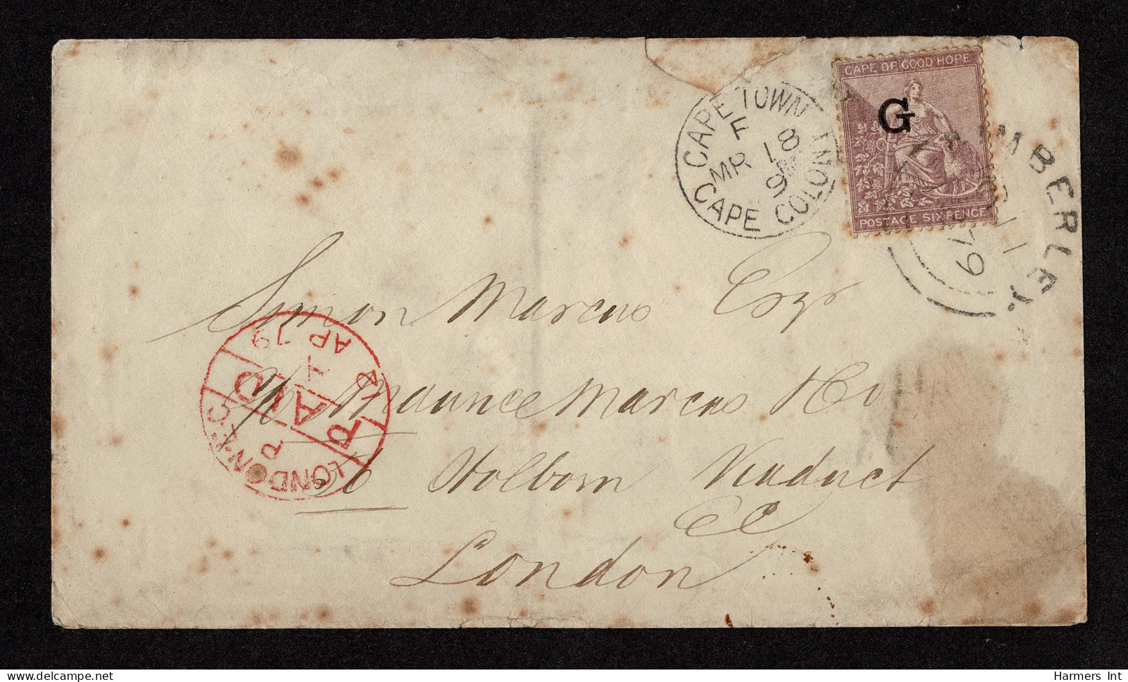 Lot # 768 Griqualand West: Used To London, 1878 6p Dull Violet "G" Overprint, Type 11 - Otros & Sin Clasificación