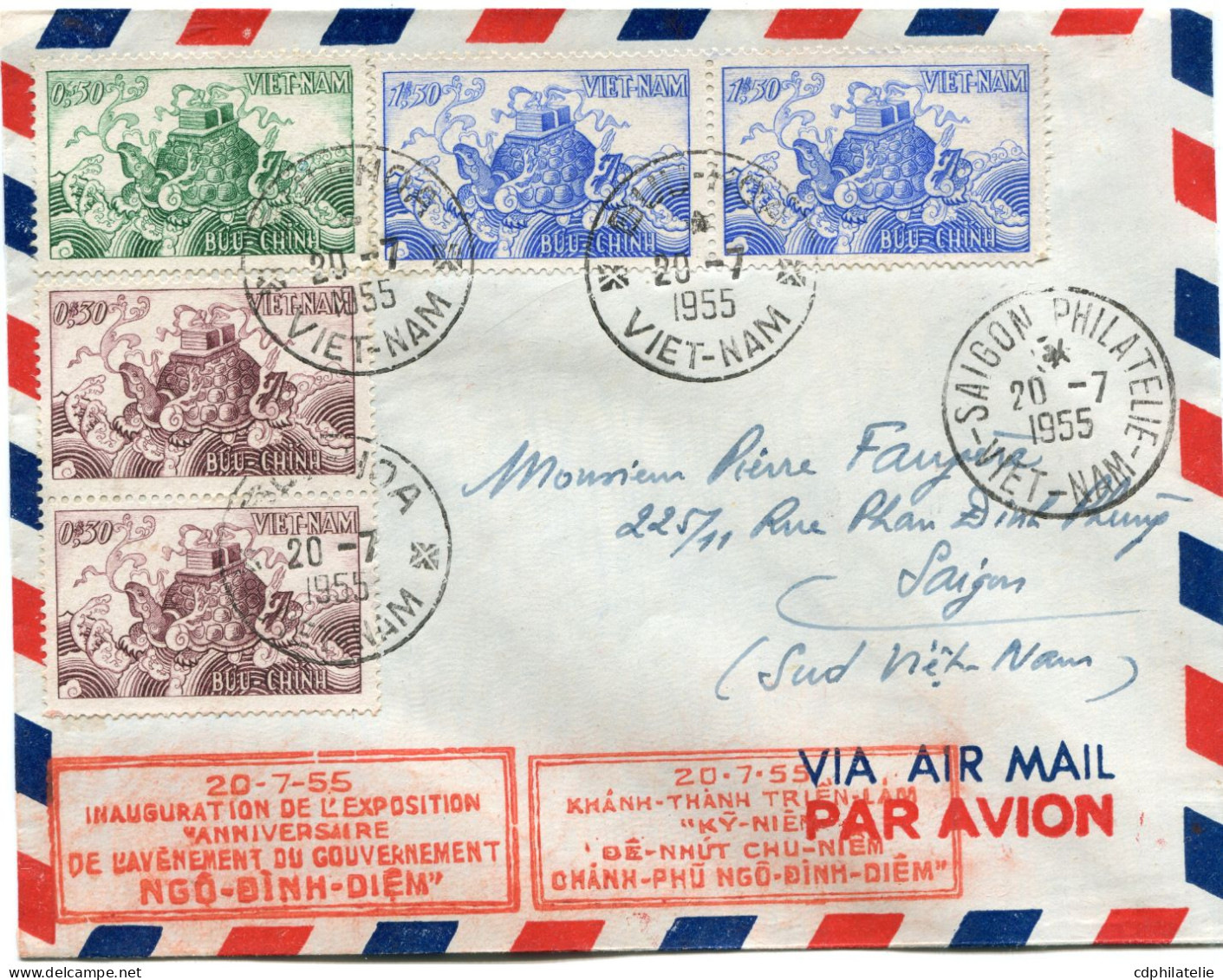 VIET-NAM LETTRE PAR AVION AVEC CACHET "20-7-55 INAUGURATION DE L'EXPOSITION ANNIVERSAIRE..." DEPART BUU-HOA 20-7-1955... - Viêt-Nam