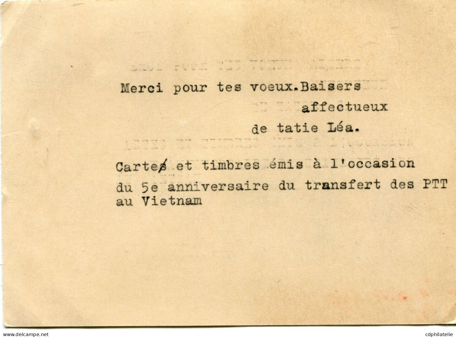 VIET-NAM CARTE ET TIMBRES EMIS A L'OCCASION DU 5e ANNIVERSAIRE DU TRANSFERT DES PTT AU VIETNAM DEPART SAIGON 12-1-1956.. - Viêt-Nam