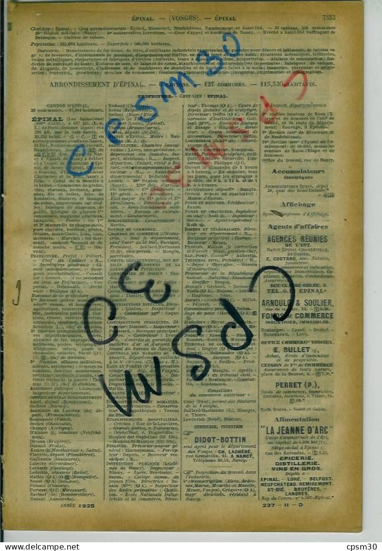 ANNUAIRE - 88 - Département Vosges - Année 1925 - édition Didot-Bottin - 62 Pages - Annuaires Téléphoniques