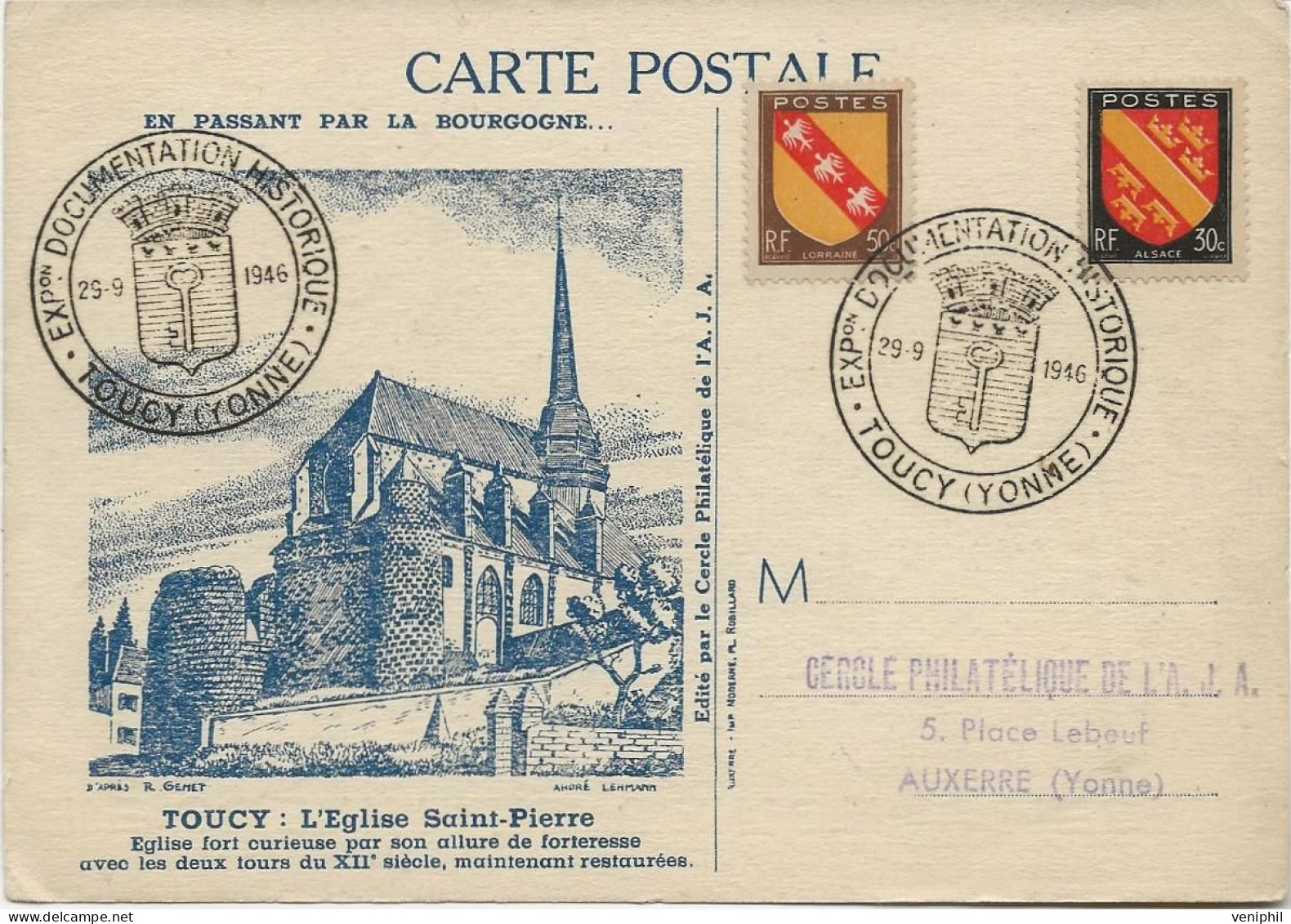 CARTE AFFRANCHIE N° 756 ET 757- OBLITEREE CAD ILLUSTRE  EXP .. DOCUMENTATION ..HISTORIQUE-TOUCY -YONNE -1946 - Commemorative Postmarks
