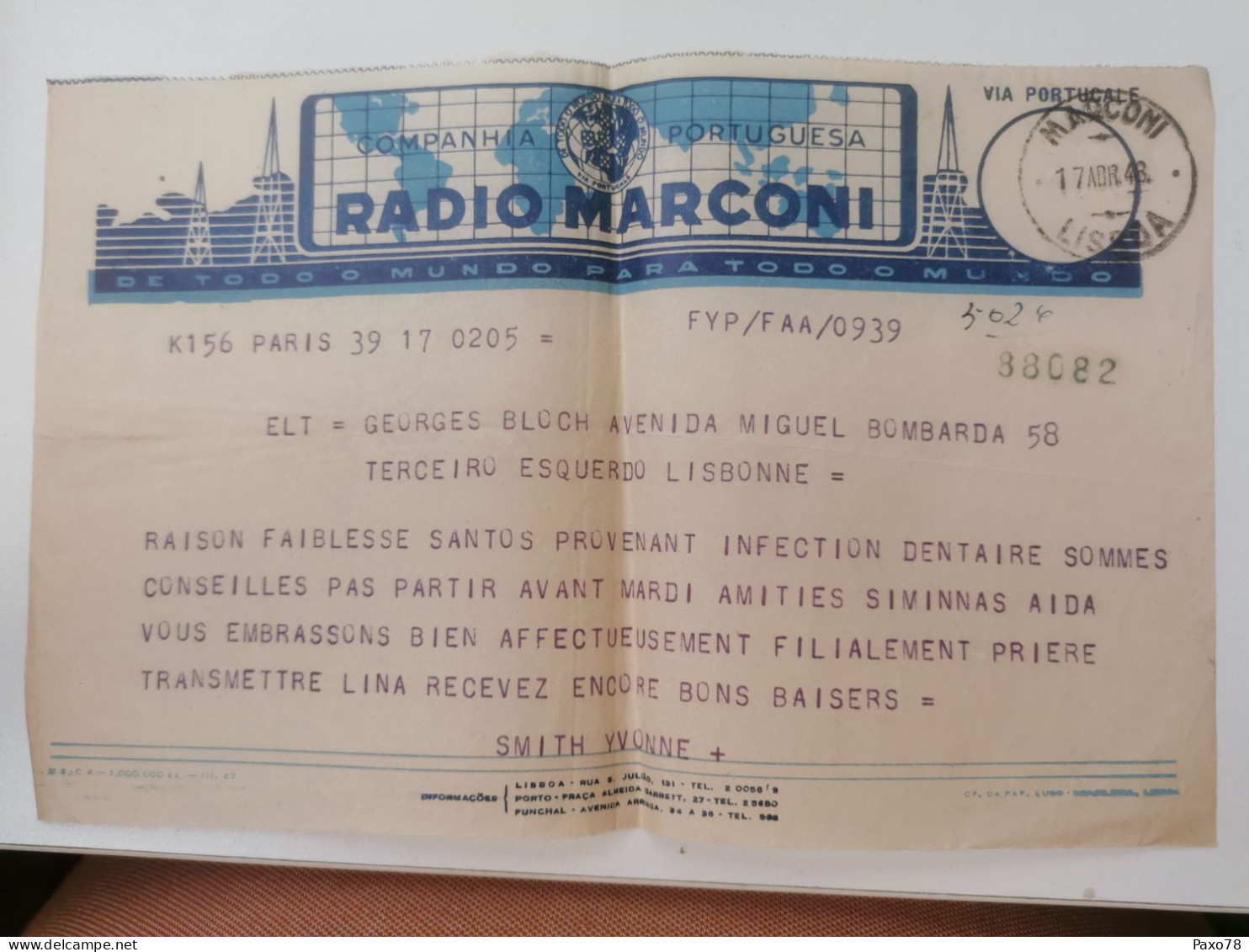 Telegrama, Radio Marconi 1948 Lisboa, Paris - Covers & Documents