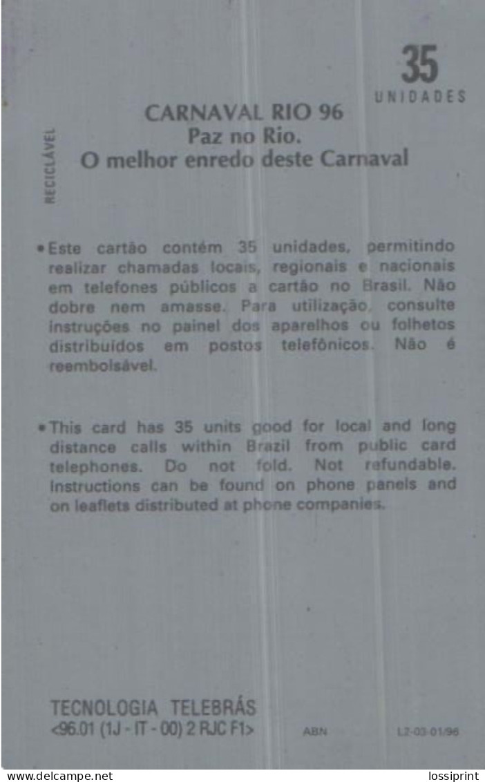Brazil:Brasil:Used Phonecard, Telebras, 35 Units, Carnival 1996, Bikini Lady - Brasilien
