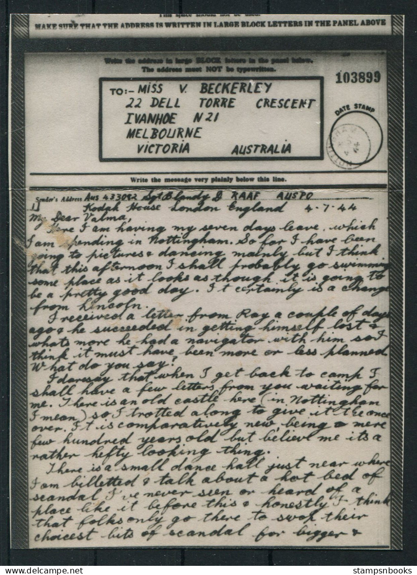 1944 Australia Airgraph Letter & Envelope RAAF Kodak House, London - Melbourne - Covers & Documents