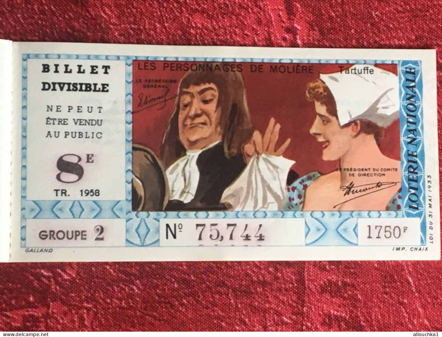 Tartuffe 1958 Billet De Loterie Nationale-divisible Ne Peut être Vendu Au Public ?Imprimée En Taille Douce - Billets De Loterie