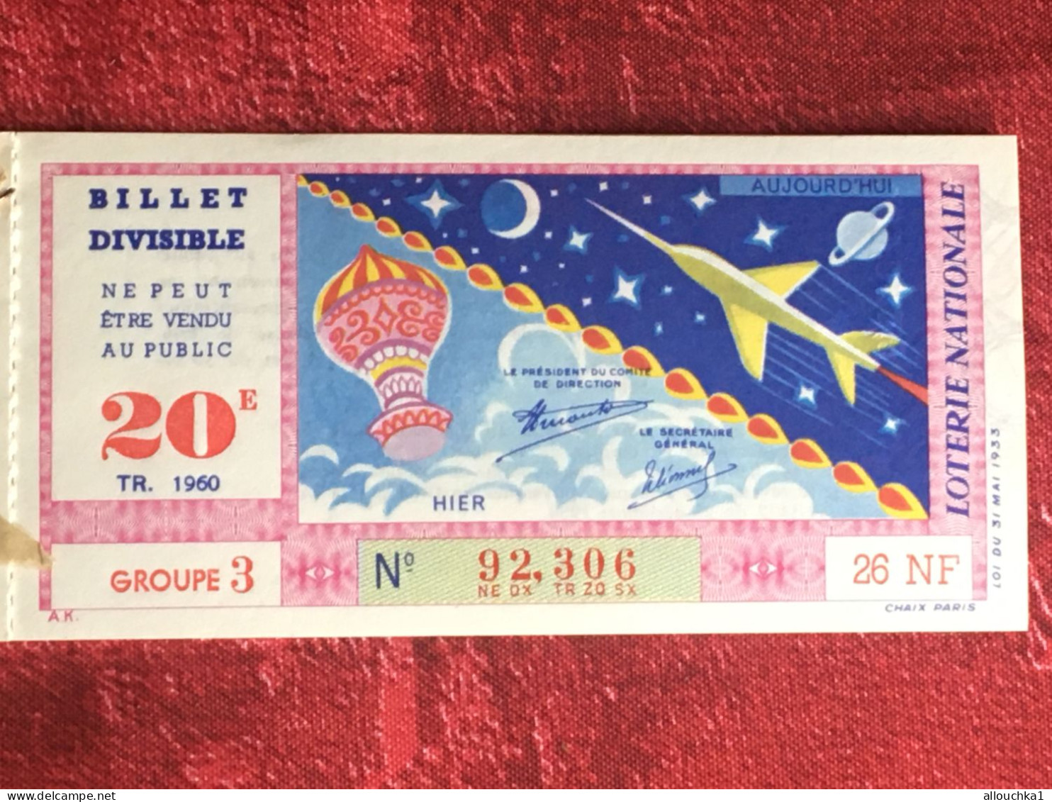 Espace Ballon Avion Fusée 1960 Billet De Loterie Nationale-divisible Ne Peut être Vendu Au Public ?Imprimé Taille Douce - Billets De Loterie