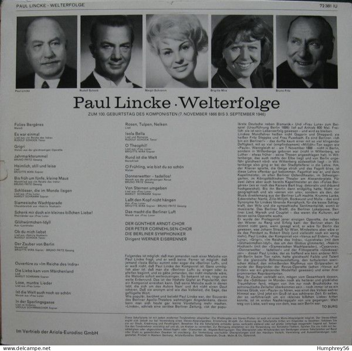 Bruno FRITZ, Brigitte MIRA, Rudolf SCHOCK, Margit SCHRAMM & Berliner Symphoniker - Welterfolge Paul Lincke - Ediciones De Colección