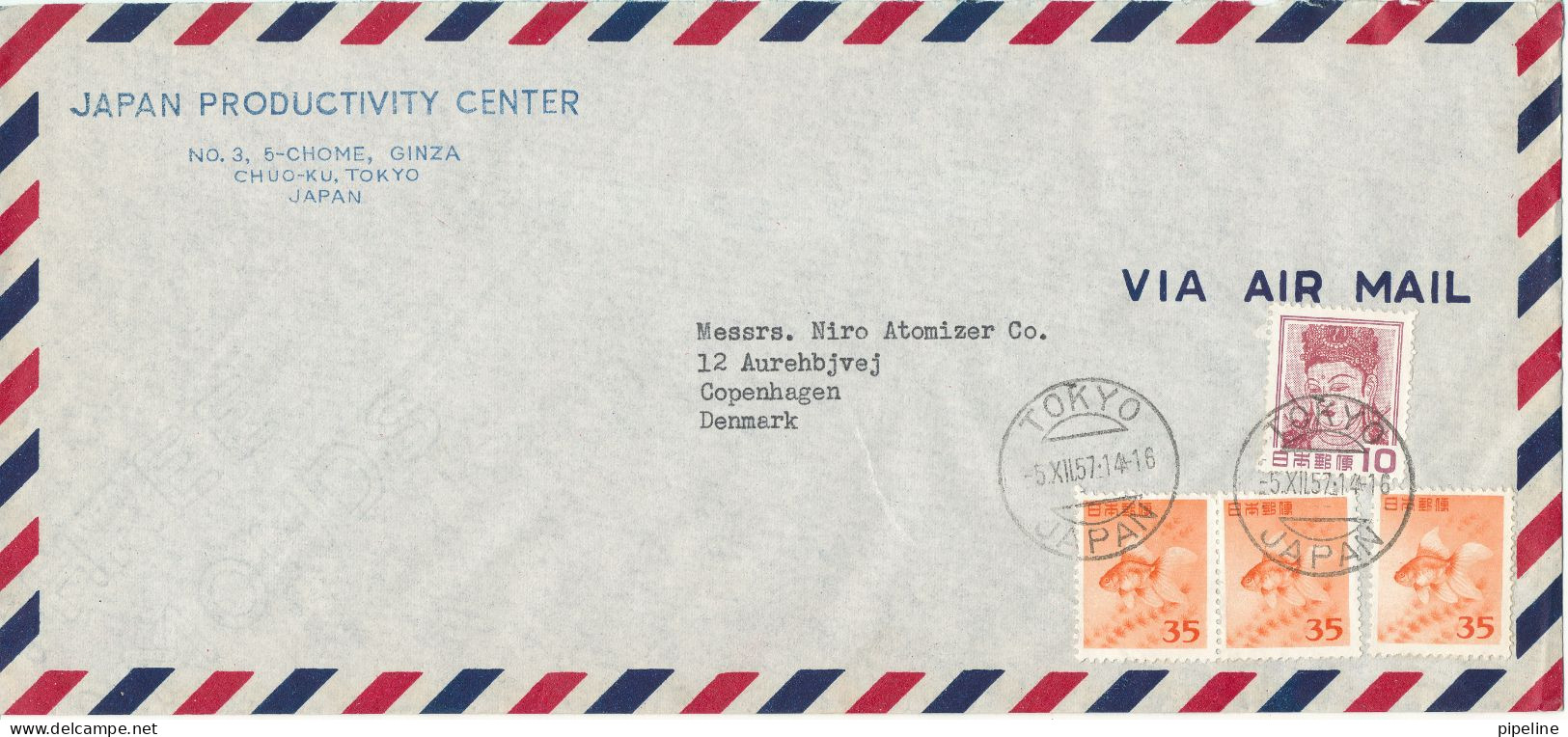 Japan Air Mail Cover Sent To Denmark 5-12-1957 With Topic Stamps - Luftpost