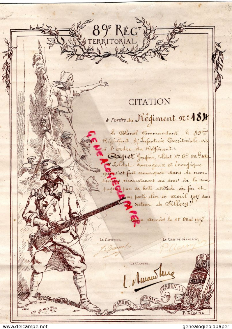 51- SILLERY- CITATION GUERRE 1914-1918- REGIMENT 184- 89 REGIMENT INFANTERIE TERRITORIAL-JACQUES CAPET- YSER-LIMOGES - Documentos Históricos